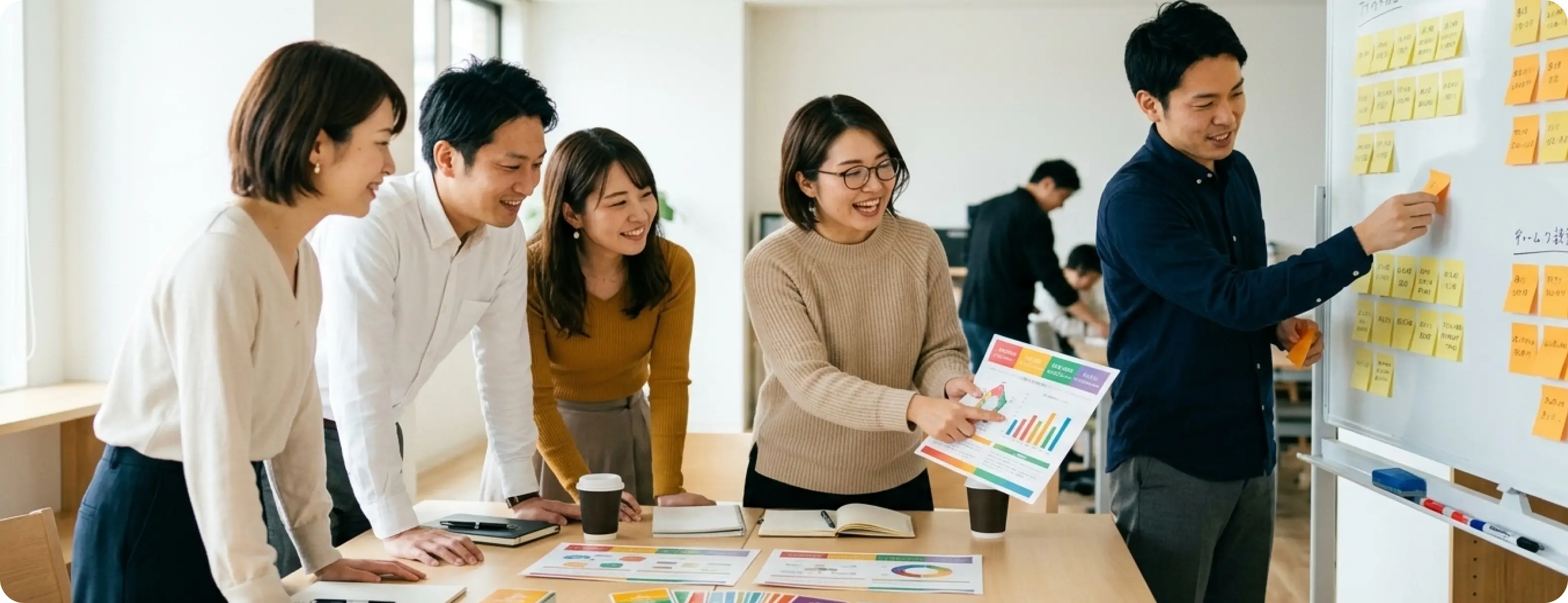 ホワイトボードを囲んでワークショップに取り組むチーム