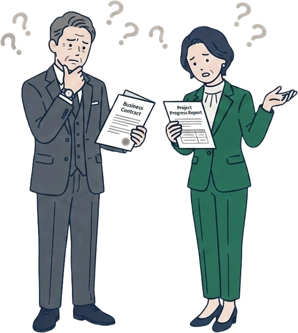 書類を手に頭を悩ませる男女