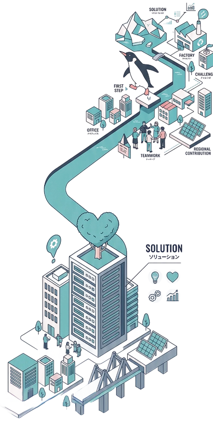 霧を抜けてゴールへ向かうペンギンのイラスト