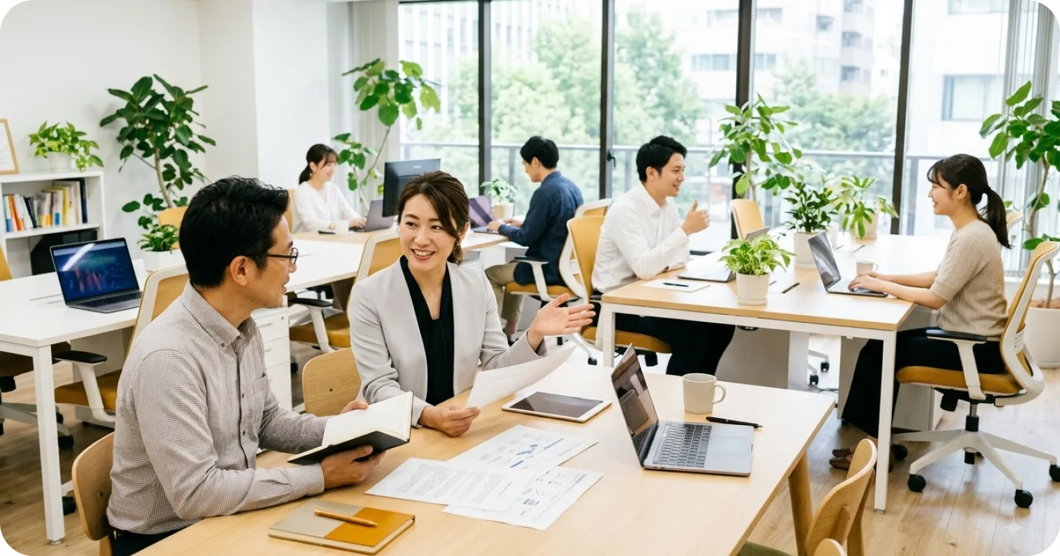 オフィスで資料を見ながら打ち合わせをするビジネスパーソン